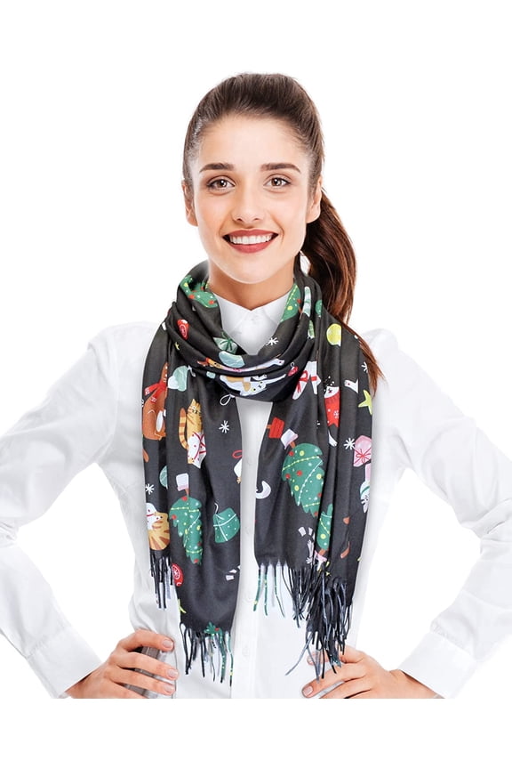 Women's Large Soft Feeling Christmas Cat Lover Novelty Fashion Scarf 25" x 75"