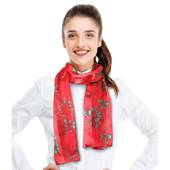 CBC Crown Women's Lightweight Candy Cane Poinsettia Printed Christmas Themed Silk Feeling 13" x 60" Scarf