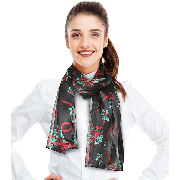 CBC Crown Women's Lightweight Candy Cane Poinsettia Printed Christmas Themed Silk Feeling 13" x 60" Scarf