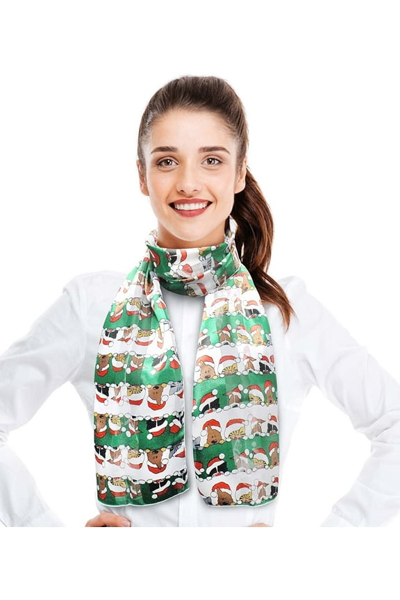 Women's Lightweight Christmas Friends Printed Christmas Themed Silk Feeling 13" x 60" Scarf