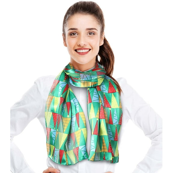 CBC Crown Women's Lightweight Christmas Tree Printed Christmas Themed Silk Feeling 13" x 60" Scarf