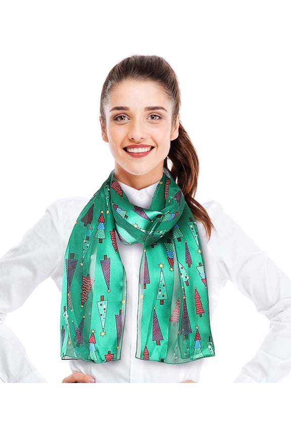 Women's Lightweight Christmas Trees Printed Christmas Themed Silk Feeling 13" x 60" Scarf