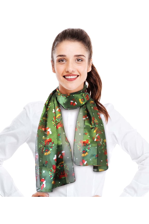 Women's Lightweight Christmas Wreath Printed Silk Feeling Christmas Themed 13" x 60" Scarf