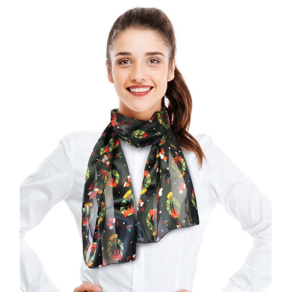 CBC Crown Women's Lightweight Christmas Wreath Printed Silk Feeling Christmas Themed 13" x 60" Scarf