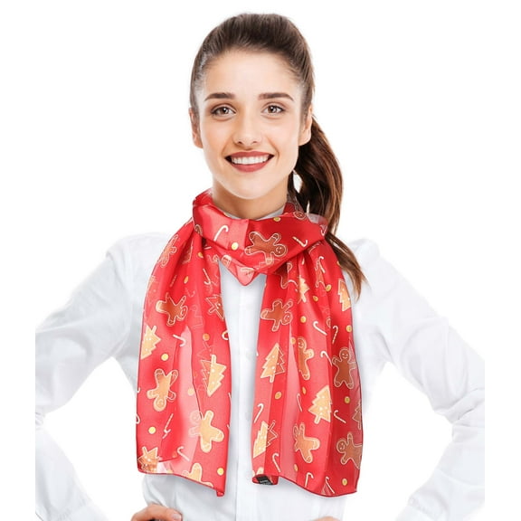 CBC Crown Women's Lightweight Gingerbread Cookie Printed Christmas Themed Silk Feeling 13" x 60" Scarf