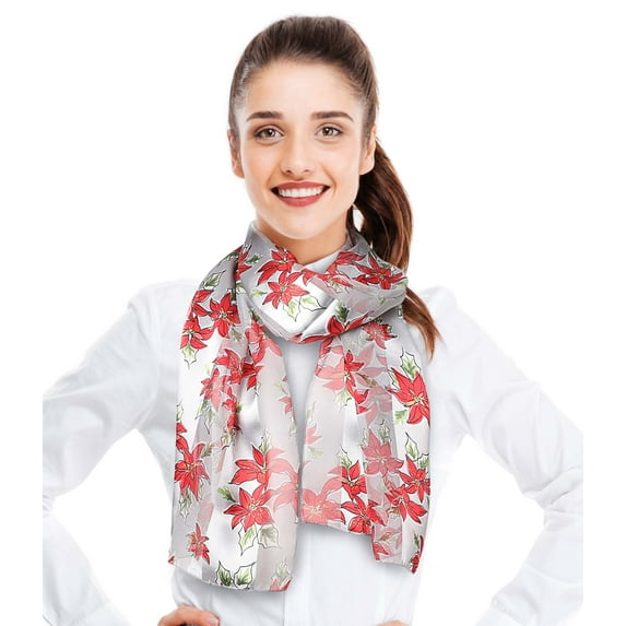 CBC Crown Women's Lightweight Poinsettia Leaves Printed Christmas Themed Silk Feeling 13" x 60" Scarf