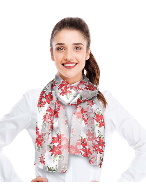 Women's Lightweight Poinsettia Leaves Printed Christmas Themed Silk Feeling 13" x 60" Scarf