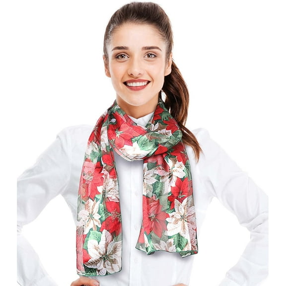 CBC Crown Women's Lightweight Poinsettia Printed Christmas Themed Silk Feeling 13" x 60" Scarf