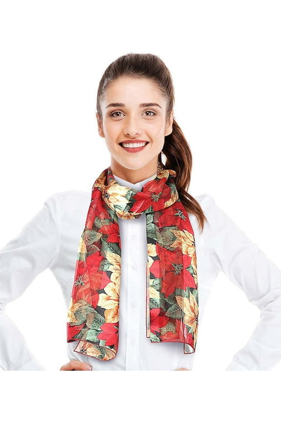 Women's Lightweight Poinsettia Printed Christmas Themed Silk Feeling 13" x 60" Scarf