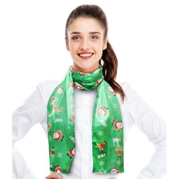 CBC Crown Women's Lightweight Santa Deer Printed Christmas Themed Silk Feeling 13" x 60" Scarf