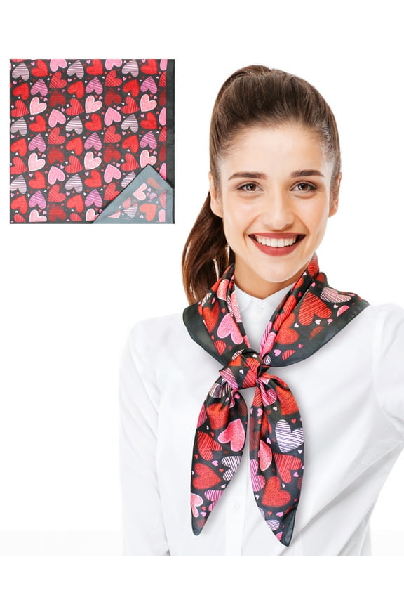 Women's Lightweight Silk Feeling Heart Print Valentines Day Festive Scarf 13"x60" or 35" x 35"