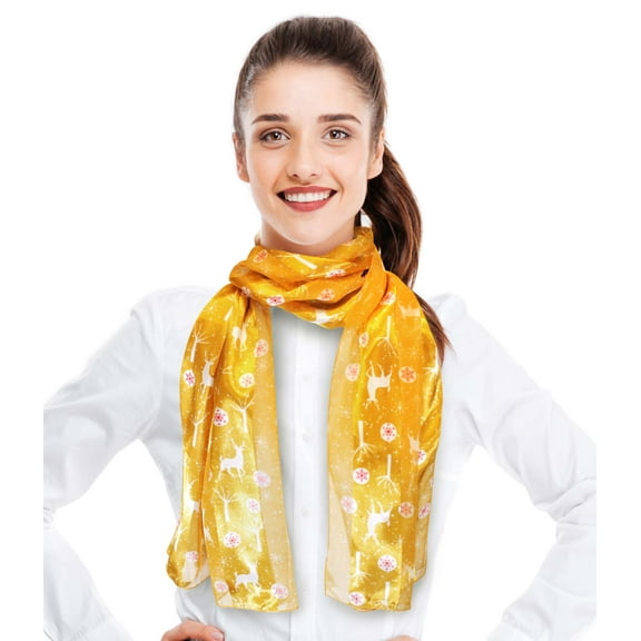 CBC Crown Women's Lightweight Snowflakes Deer Printed Christmas Themed Silk Feeling 13" x 60" Scarf