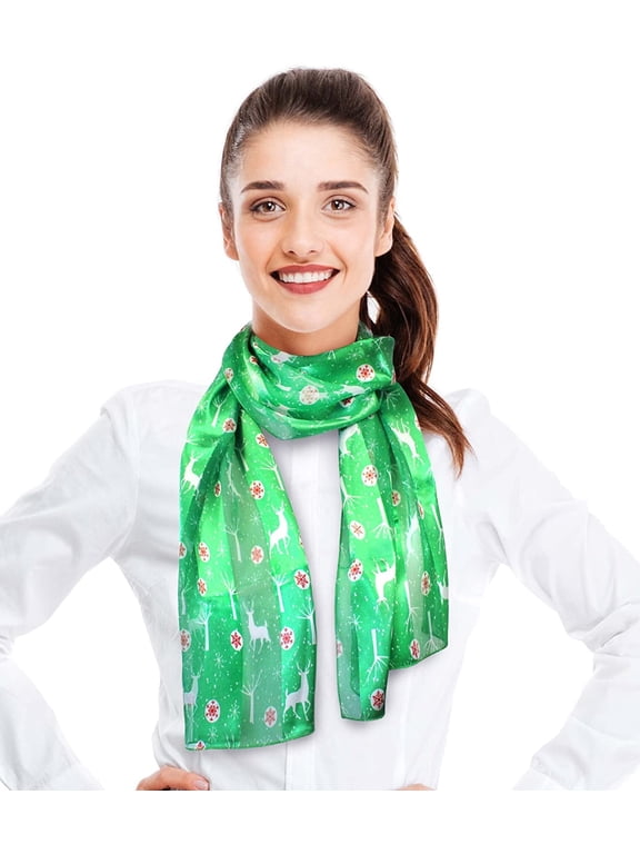 Women's Lightweight Snowflakes Deer Printed Christmas Themed Silk Feeling 13" x 60" Scarf