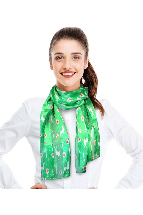 Women's Lightweight Snowflakes Deer Printed Christmas Themed Silk Feeling 13" x 60" Scarf