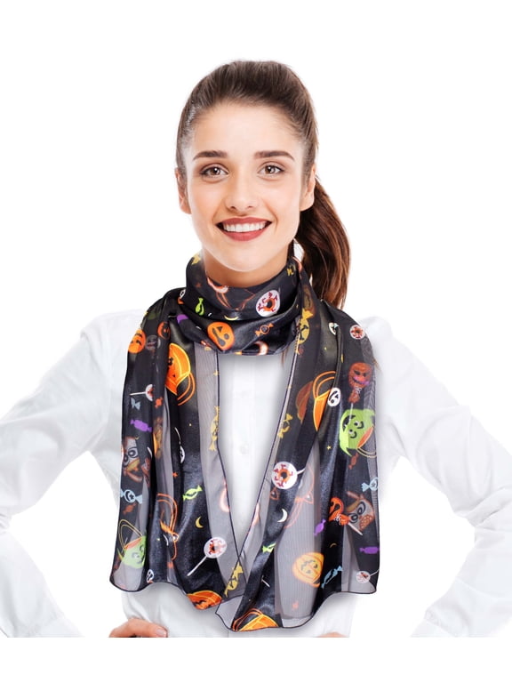 Women's Trick Or Treat Halloween Pattern 13" x 60" Silk Feeling Scarf