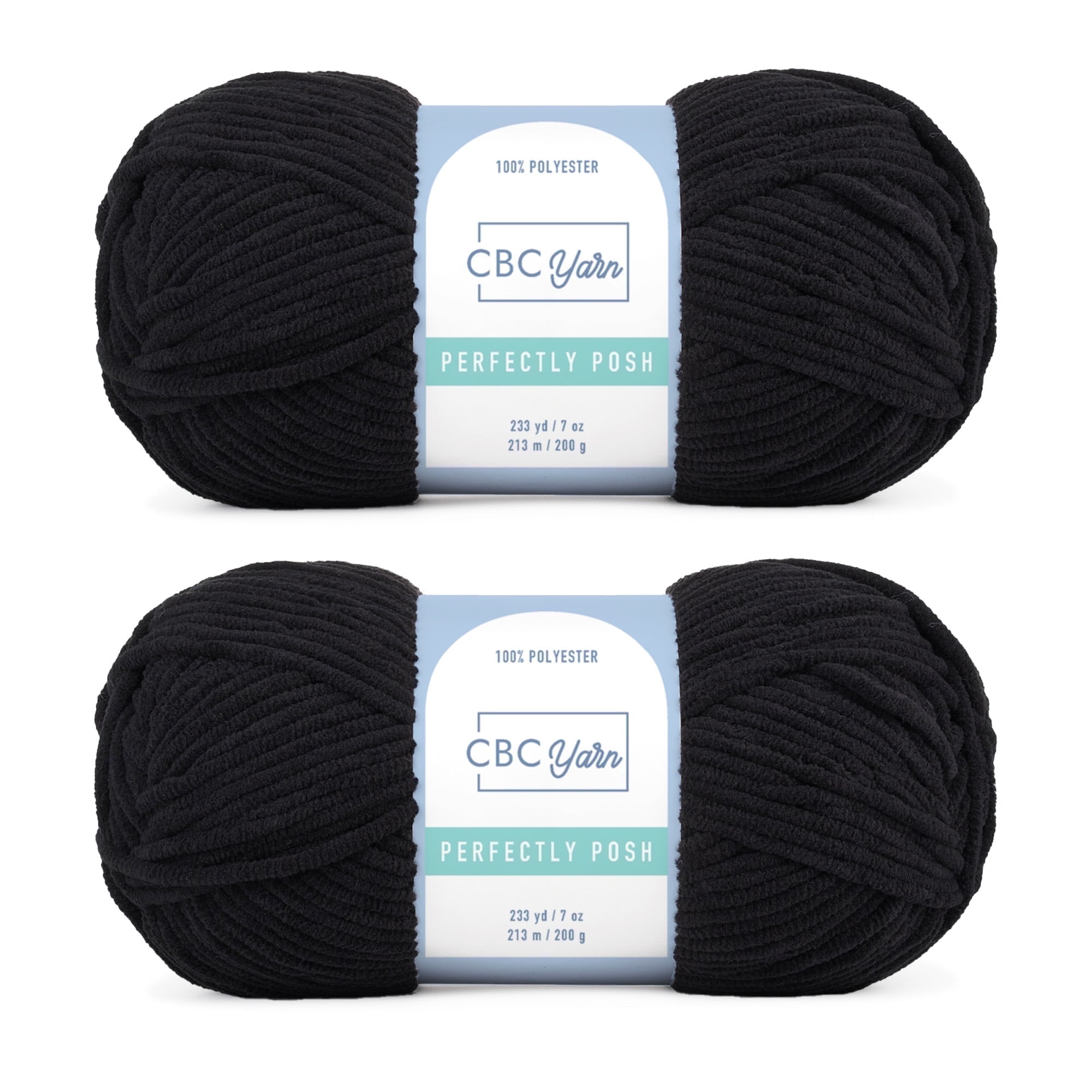 CBC Perfectly Posh Chenille Yarn for Knitting, Crocheting and Amigurumi - 2 Pack (7 oz / 200 g, 233 yards Each Skein), Black, Gauge 5 Bulky