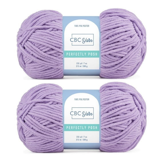 CBC Perfectly Posh Chenille Yarn for Knitting, Crocheting and Amigurumi - 2 Pack (7 oz / 200 g, 233 yards Each Skein), Lavender, Gauge 5 Bulky