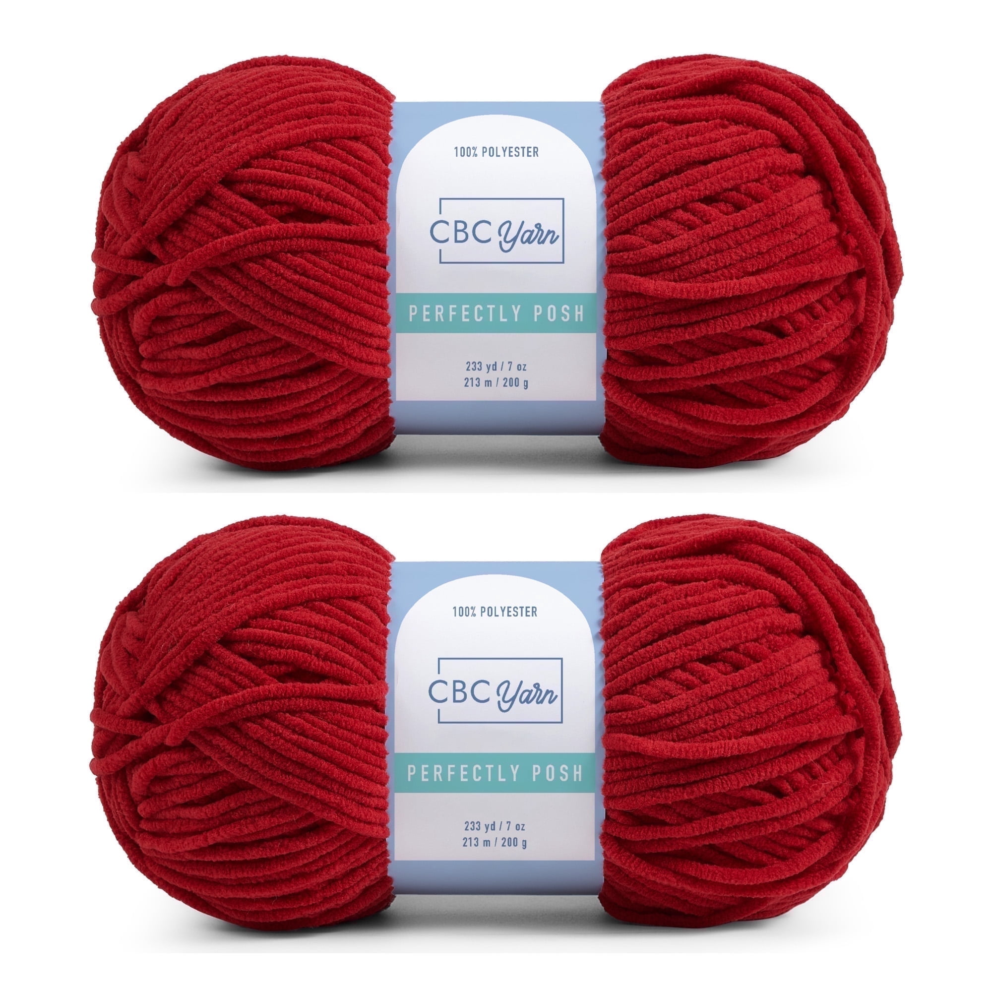 CBC Perfectly Posh Chenille Yarn for Knitting, Crocheting and Amigurumi - 2 Pack (7 oz / 200 g, 233 yards Each Skein), Red, Gauge 5 Bulky