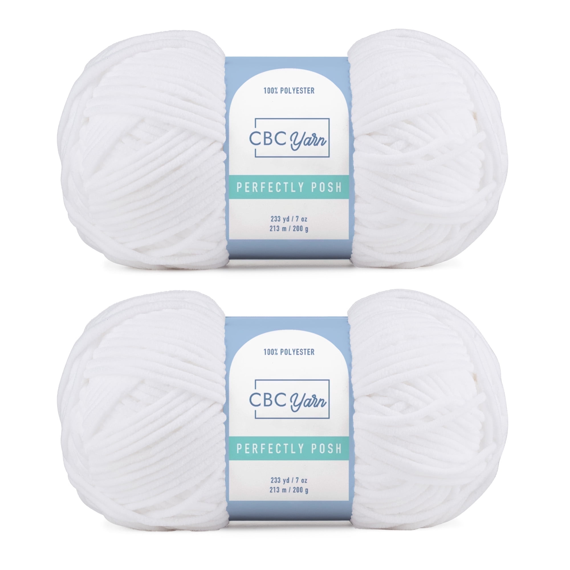 CBC Perfectly Posh Chenille Yarn for Knitting, Crocheting and Amigurumi - 2 Pack (7 oz / 200 g, 233 yards Each Skein), White, Gauge 5 Bulky