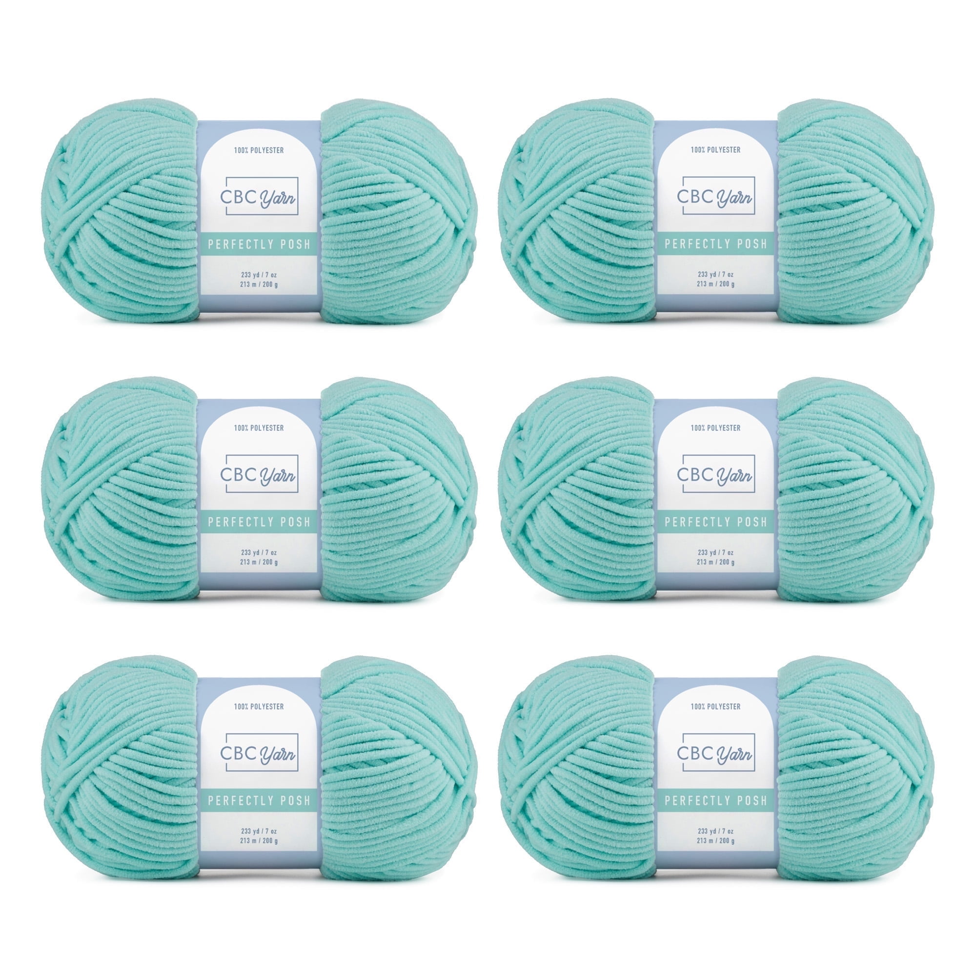 CBC Perfectly Posh Chenille Yarn for Knitting, Crocheting and Amigurumi - 6 Pack (7 oz / 200 g, 233 yards Each Skein), Aqua, Gauge 5 Bulky