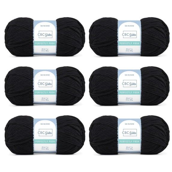 CBC Perfectly Posh Chenille Yarn for Knitting, Crocheting and Amigurumi - 6 Pack (7 oz / 200 g, 233 yards Each Skein), Black, Gauge 5 Bulky
