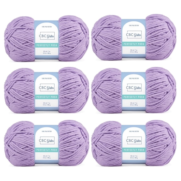 CBC Perfectly Posh Chenille Yarn for Knitting, Crocheting and Amigurumi - 6 Pack (7 oz / 200 g, 233 yards Each Skein), Lavender, Gauge 5 Bulky