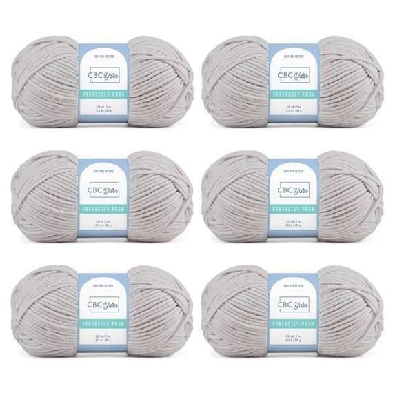 CBC Perfectly Posh Chenille Yarn for Knitting, Crocheting and Amigurumi - 6 Pack (7 oz / 200 g, 233 yards Each Skein), Light Gray, Gauge 5 Bulky