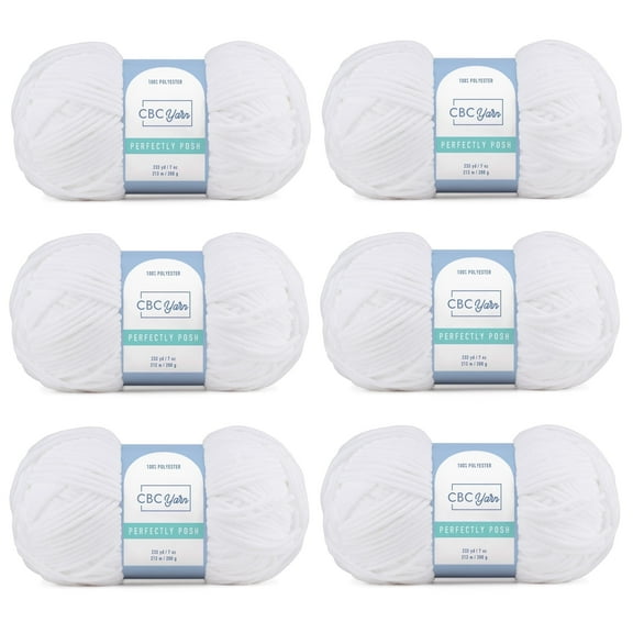 CBC Perfectly Posh Chenille Yarn for Knitting, Crocheting and Amigurumi - 6 Pack (7 oz / 200 g, 233 yards Each Skein), White, Gauge 5 Bulky