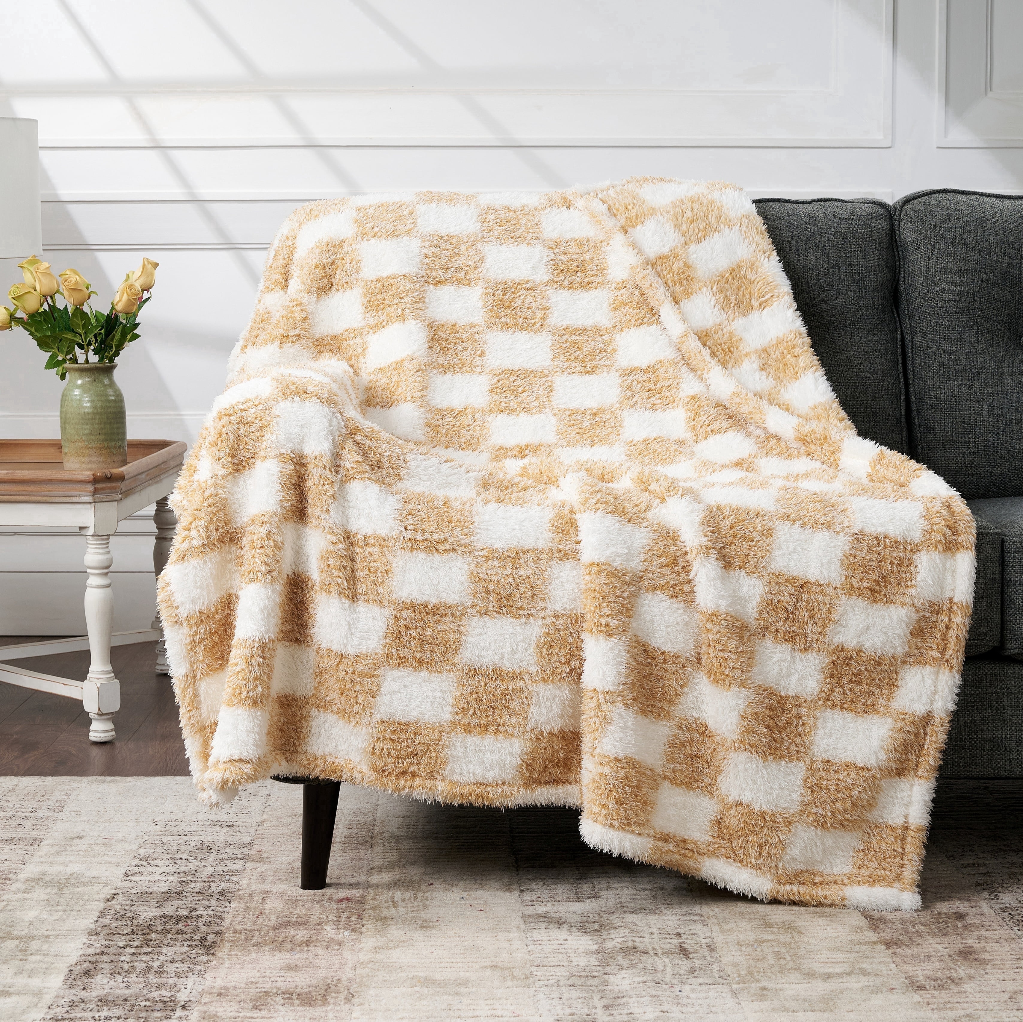 CBCHome Checkered Chenille Furry Throw Blanket – Soft Plush Cozy Dorm Room Essential, for Sofa and Bed, Graduation Gift for Her and Teens (Amber Gold, 50"x60")