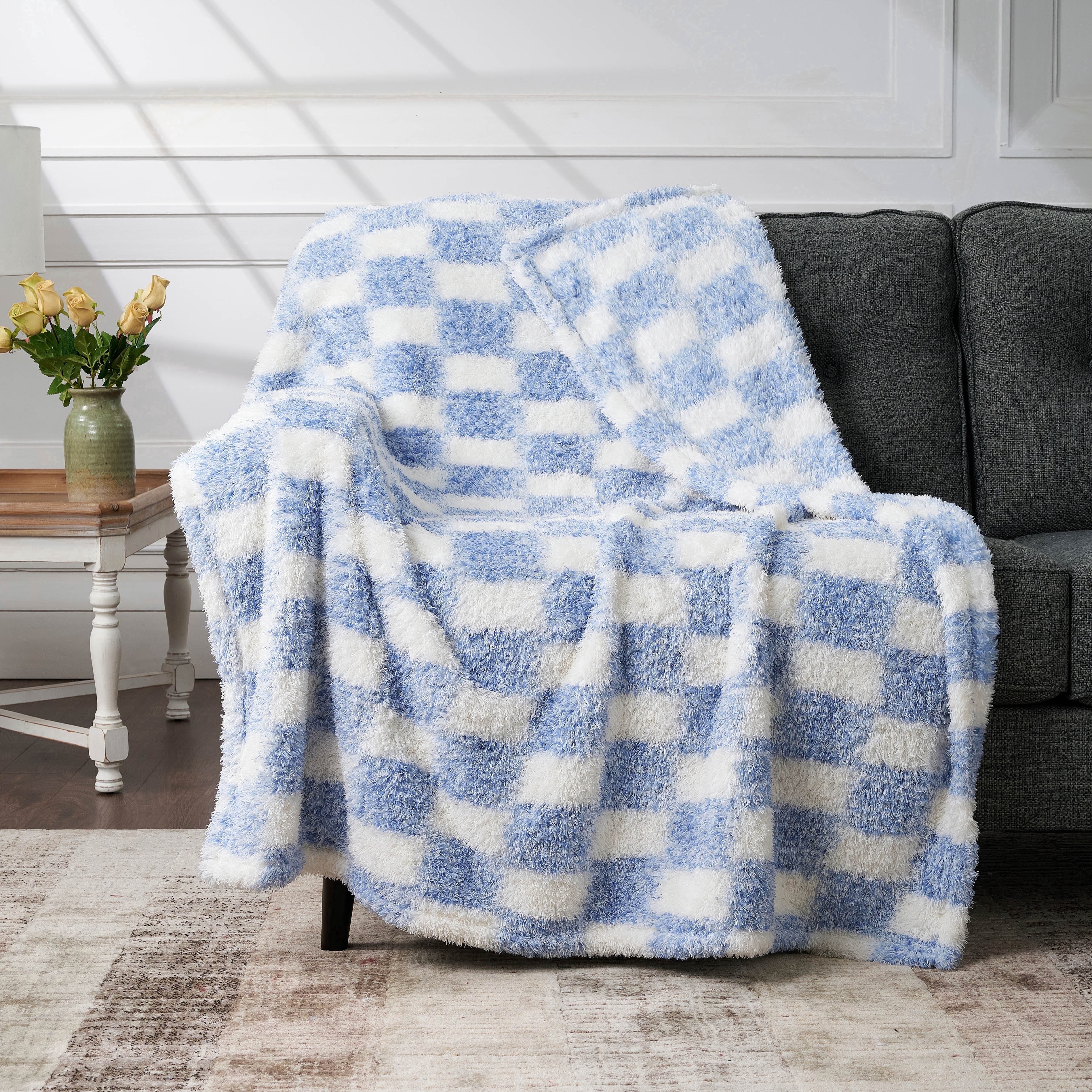 CBCHome Checkered Chenille Furry Throw Blanket – Soft Plush Cozy Dorm Room Essential, for Sofa and Bed, Graduation Gift for Her and Teens (Ashleigh Blue, 50"x60")