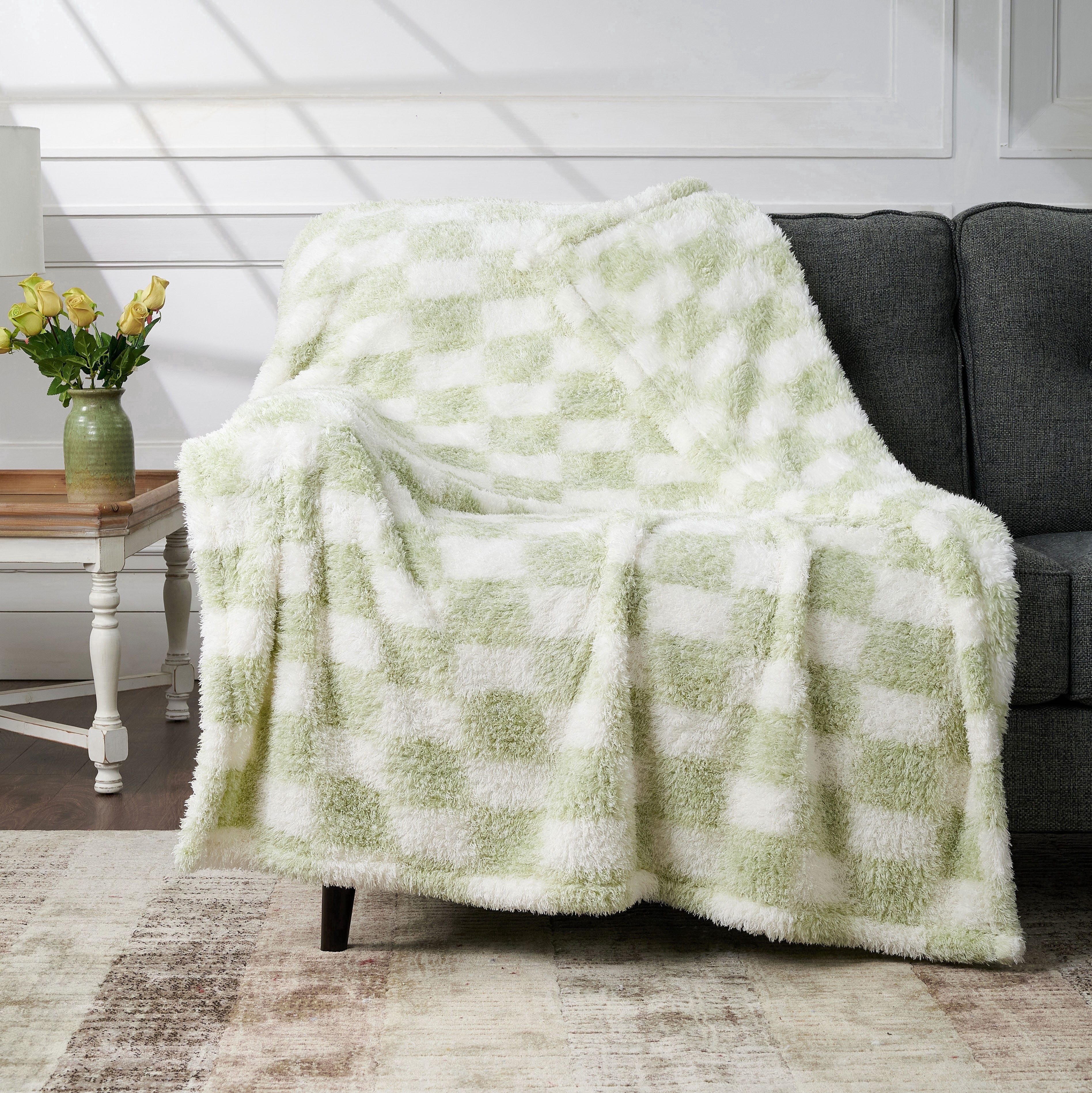 CBCHome Checkered Chenille Furry Throw Blanket – Soft Plush Cozy Dorm Room Essential, for Sofa and Bed, Graduation Gift for Her and Teens (Desert Sage, 50"x60")