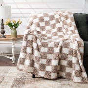 CBCHome Checkered Chenille Furry Throw Blanket – Soft Plush Cozy Dorm Room Essential, for Sofa and Bed, Graduation Gift for Her and Teens (Taupe Brown, 50"x60")