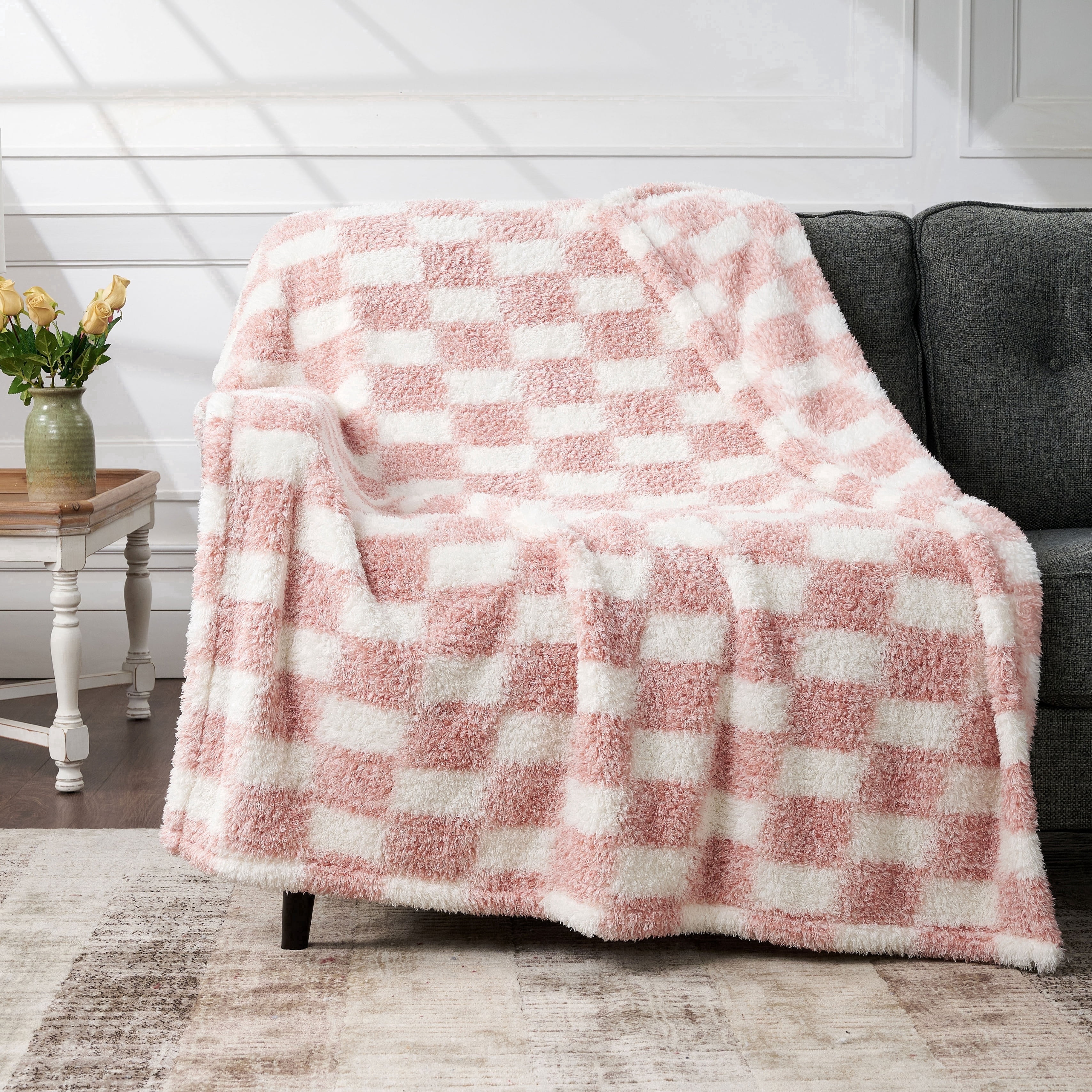 CBCHome Checkered Chenille Furry Throw Blanket – Soft Plush Cozy Dorm Room Essential, for Sofa and Bed, Graduation Gift for Her and Teens (Dusty Pink, 50"x60")