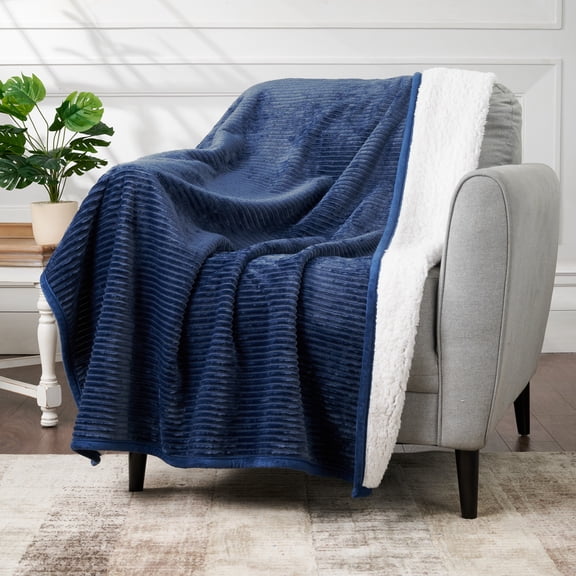 CBCHome Corduroy Velvet Plush Ribbed Throw Blanket with Ultra-Soft Sherpa Reverse - Cozy Reversible Sofa & Bed Throw - All Season Décor (Dark Denim, 50" x 60")
