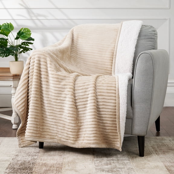 CBCHome Corduroy Velvet Plush Ribbed Throw Blanket with Ultra-Soft Sherpa Reverse - Cozy Reversible Sofa & Bed Throw - All Season Décor (Beige, 50" x 60")