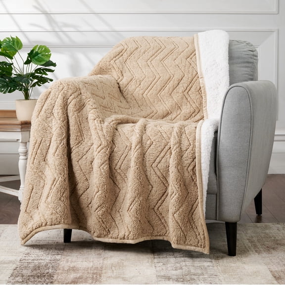 CBCHome Cozy Chevron Sherpa Throw Blanket - Soft Reversible Plush Couch & Bed Throw - Great Gifts for Women, Mom, Friends (Brown, 50" x 60")