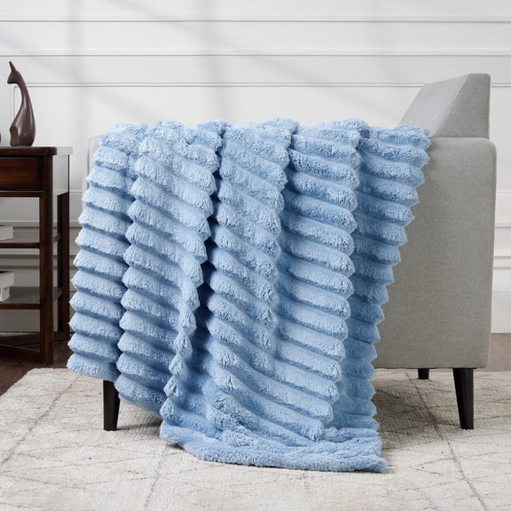CBCHome Jumbo Velvet Plush Wide Ribbed Throw Blanket - Super Soft, Warm, Cozy Fluffy Throw for Couch, Bed, Sofa - All Season Décor (Ashley Blue, 50" x 60")