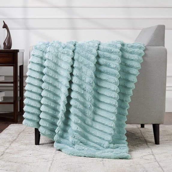 CBCHome Jumbo Velvet Plush Wide Ribbed Throw Blanket - Super Soft, Warm, Cozy Fluffy Throw for Couch, Bed, Sofa - All Season Décor (Blue Surf, 50" x 60")