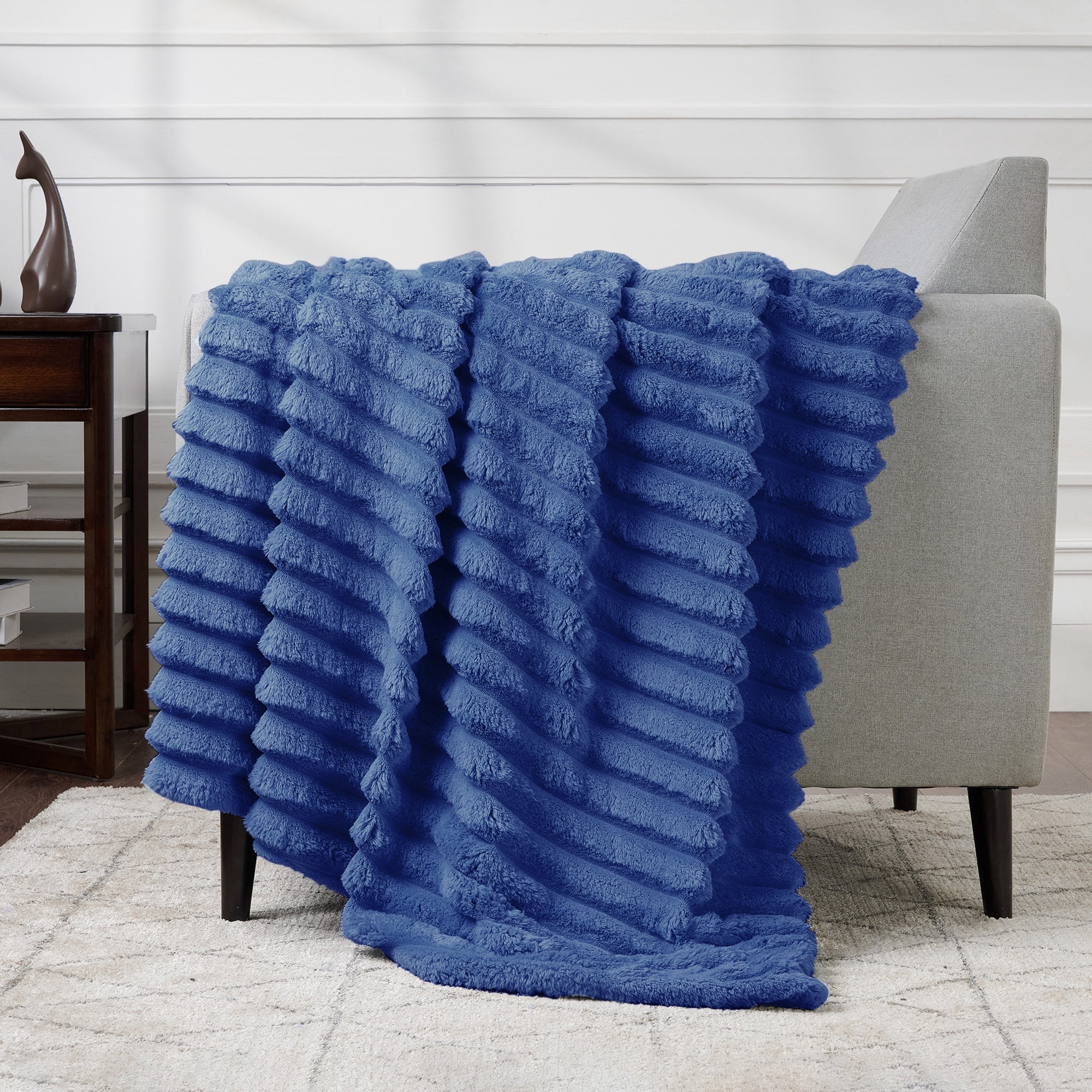 CBCHome Jumbo Velvet Plush Wide Ribbed Throw Blanket - Super Soft, Warm, Cozy Fluffy Throw for Couch, Bed, Sofa - All Season Décor (Dark Denim, 50" x 60")