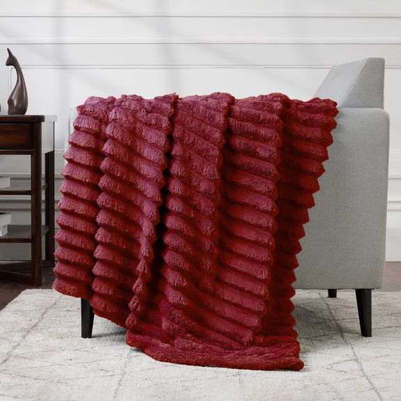 CBCHome Jumbo Velvet Plush Wide Ribbed Throw Blanket - Super Soft, Warm, Cozy Fluffy Throw for Couch, Bed, Sofa - All Season Décor (Rumba Red, 50" x 60")