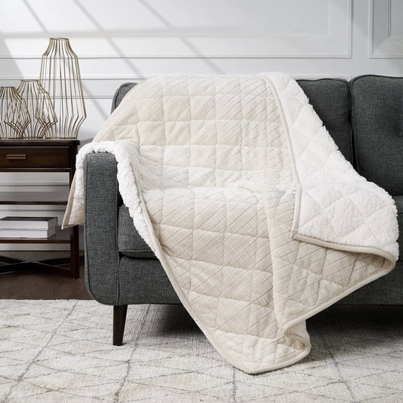 CBCHome Quilted Jacquard Velvet Plush Throw Blanket - Super Soft, Cozy, Sherpa Throw for Couch, Cute Gifts for Women (Sand, 50" x60")