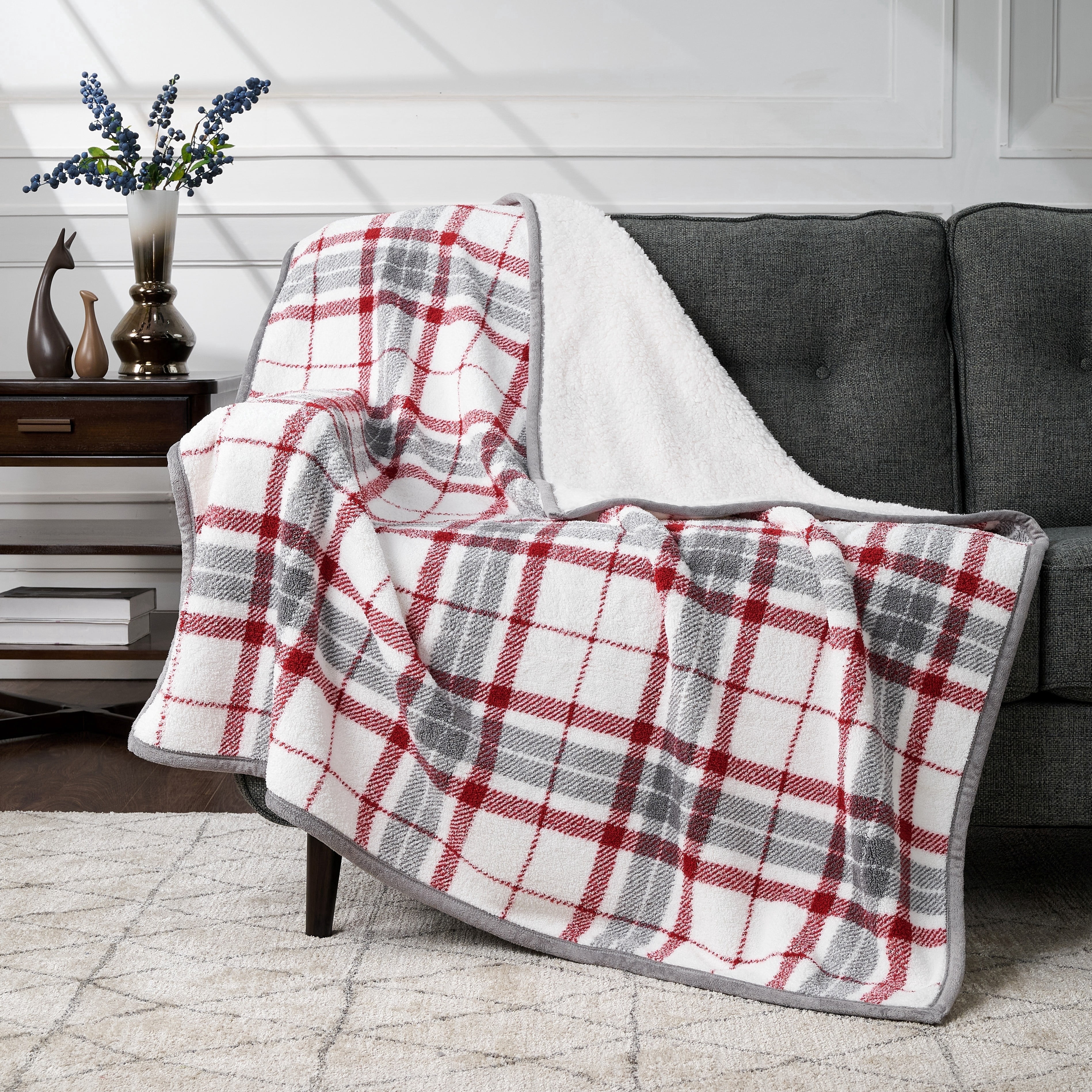 CBCHome Reversible Soft Sherpa Throw Blanket - Cute and Cozy Thick Throw for Couch, Warm Gifts for Women (Red Plaid, 50" x60")