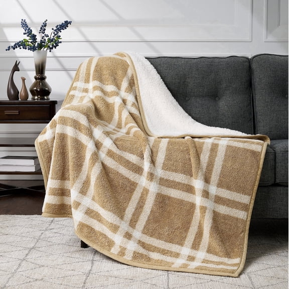 CBCHome Reversible Soft Sherpa Throw Blanket - Cute and Cozy Thick Throw for Couch, Warm Gifts for Women (Tan Plaid, 50" x60")