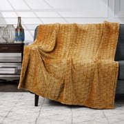 CBCHome Velvet Plush Jacquard Tile Throw Blanket for Couch - Buttery Soft, Cozy Throw, Cute Gifts for Women (Amber Gold, 50" x 60")