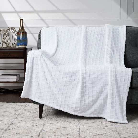 CBCHome Velvet Plush Jacquard Tile Throw Blanket for Couch - Buttery Soft, Cozy Throw, Cute Gifts for Women (Bright White, 50" x 60")