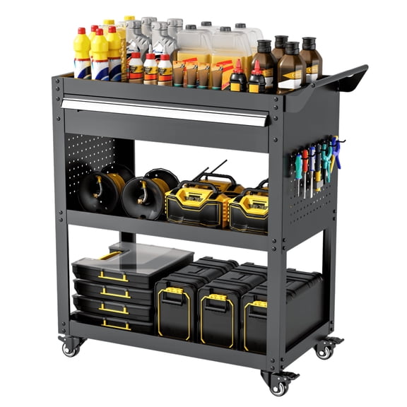 CBCNWR 3-Tier Rolling Tool Cart with Drawer & Pegboard, 750lbs Heavy Duty Steel Mobile Tool Trolley for Warehouse, Basement, Pantry, Black