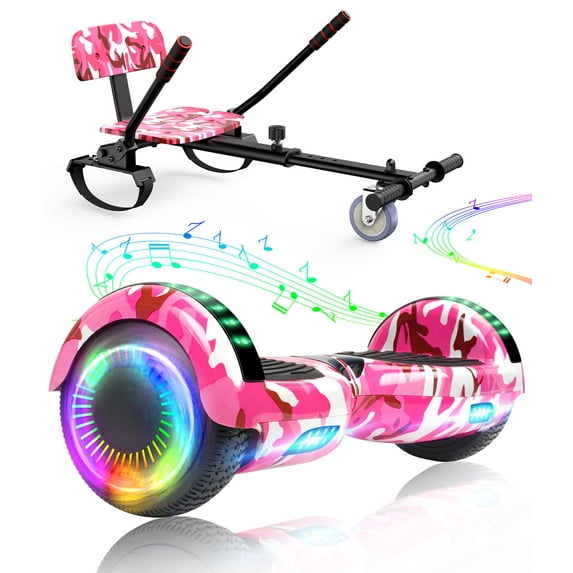 CBD Hoverboard with Seat Attachment, 6.5" Self Balancing Hover Board Scooter with Bluetooth Speaker & LED Lights, Hoverboard for Kids, Pink