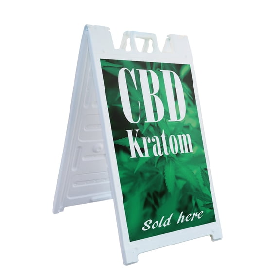 CBD and Kratom Sold Here 24" x 36" Double Sided A-Frame Sidewalk Sign Includes 2 Installed Decals Foldable Portable White Signicade Sandwich Board Alternative Wellness Herbal Products