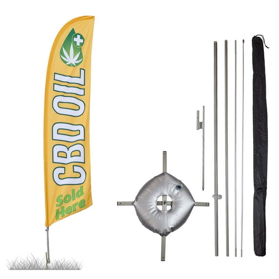 CBD Oil Feather Flag Kits - 13.5ft Flag Complete Pole Set, Ground Stake, Cross Base and Weight Bag - Great for Businesses, Storefronts, Sales - Printed in The USA