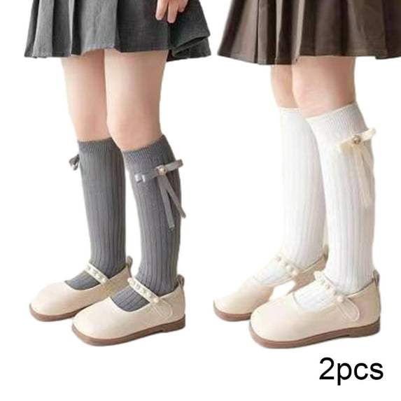 CBFMeerr Kids Girls Knee High Socks 2 Pairs Cute Girls Bowknot Princess Socks Spring Fall Mid-Calf Socks for 3-12T